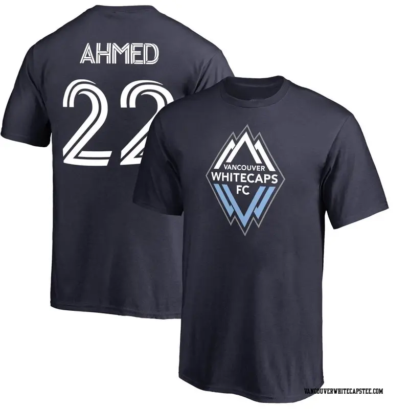 Men's Vancouver Whitecaps ＃22 Ali Ahmed White Navy Name & Number Primary T-Shirt