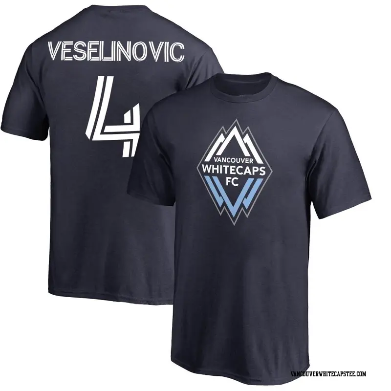 Men's Vancouver Whitecaps ＃4 Ranko Veselinovic White Navy Name & Number Primary T-Shirt