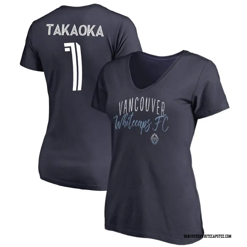 Women's Vancouver Whitecaps ＃1 Yohei Takaoka White Navy Name & Number Graceful V-Neck T-Shirt