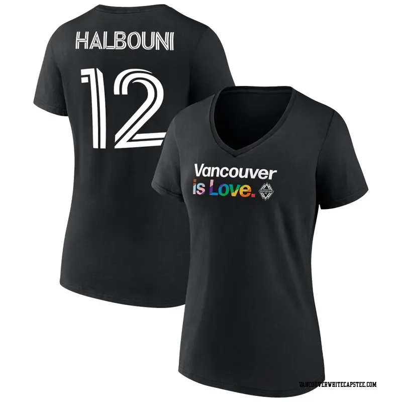 Women's Vancouver Whitecaps ＃12 Belal Halbouni White Black Name & Number City Pride V-Neck T-Shirt