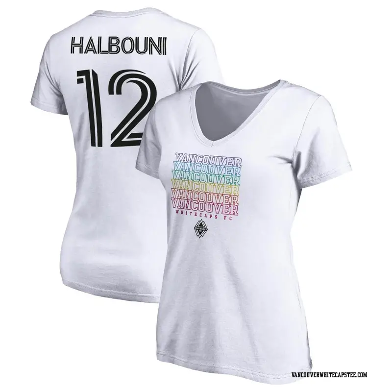 Women's Vancouver Whitecaps ＃12 Belal Halbouni White Name & Number City Pride V-neck T-Shirt