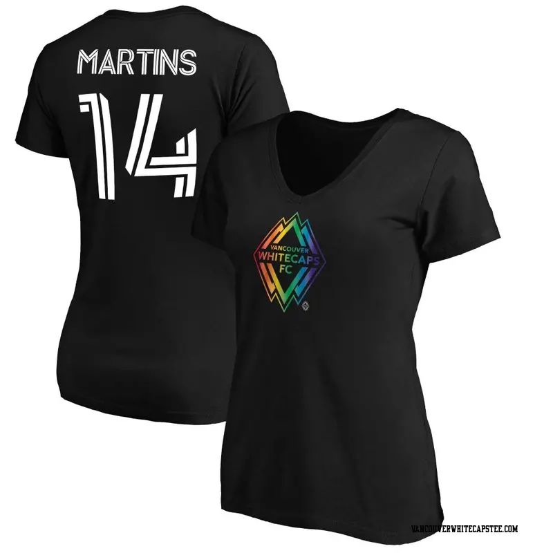 Women's Vancouver Whitecaps ＃14 Luís Martins White Black Name & Number Pride V-Neck T-Shirt