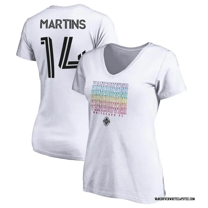 Women's Vancouver Whitecaps ＃14 Luís Martins White Name & Number City Pride V-neck T-Shirt