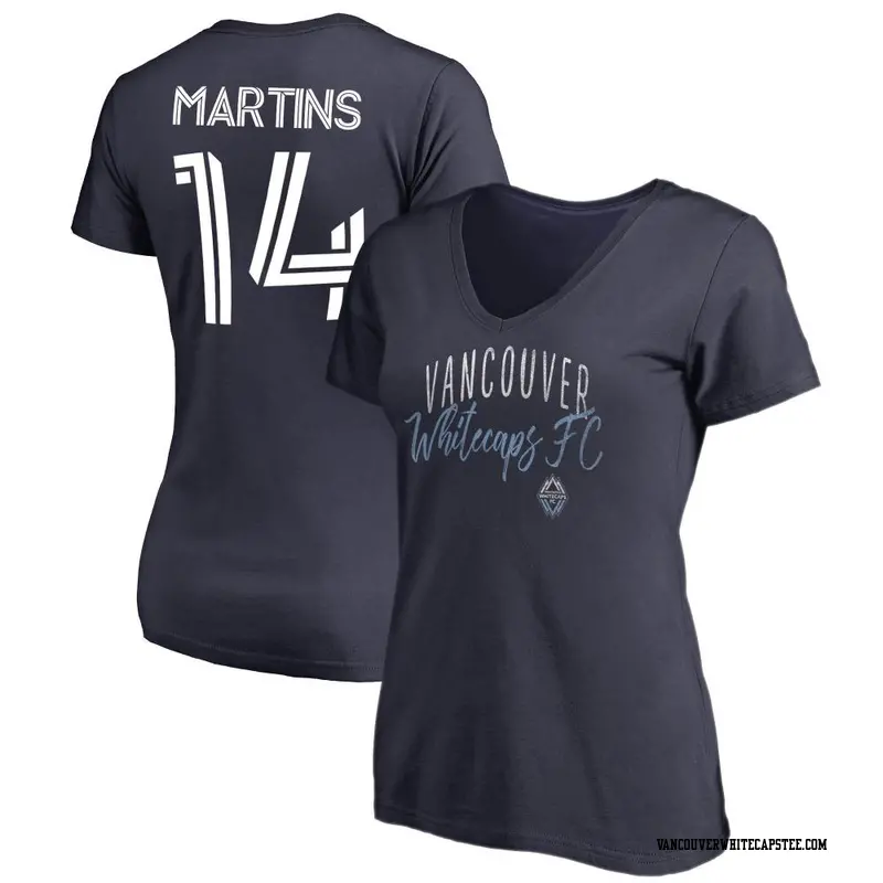 Women's Vancouver Whitecaps ＃14 Luís Martins White Navy Name & Number Graceful V-Neck T-Shirt