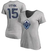 Women's Vancouver Whitecaps ＃15 Bjørn Inge Utvik White Gray Name & Number Primary V-Neck T-Shirt