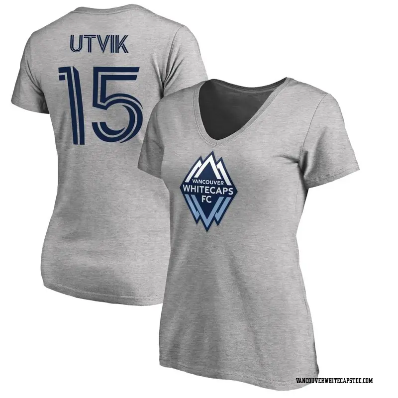 Women's Vancouver Whitecaps ＃15 Bjørn Inge Utvik White Gray Name & Number Primary V-Neck T-Shirt