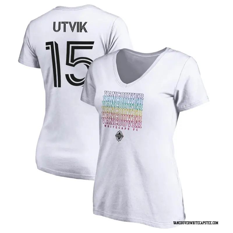 Women's Vancouver Whitecaps ＃15 Bjørn Inge Utvik White Name & Number City Pride V-neck T-Shirt