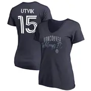 Women's Vancouver Whitecaps ＃15 Bjørn Inge Utvik White Navy Name & Number Graceful V-Neck T-Shirt