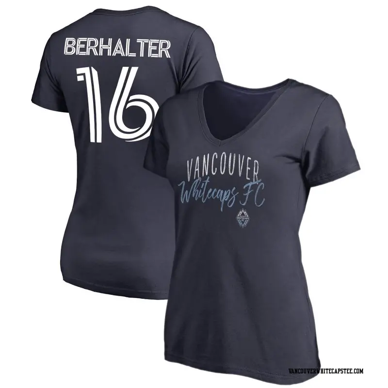 Women's Vancouver Whitecaps ＃16 Sebastian Berhalter White Navy Name & Number Graceful V-Neck T-Shirt