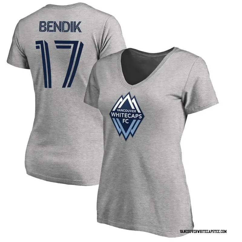 Women's Vancouver Whitecaps ＃17 Joe Bendik White Gray Name & Number Primary V-Neck T-Shirt