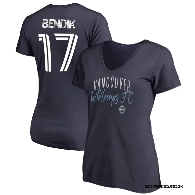 Women's Vancouver Whitecaps ＃17 Joe Bendik White Navy Name & Number Graceful V-Neck T-Shirt