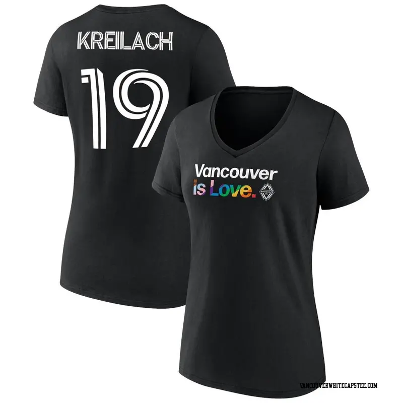 Women's Vancouver Whitecaps ＃19 Damir Kreilach White Black Name & Number City Pride V-Neck T-Shirt