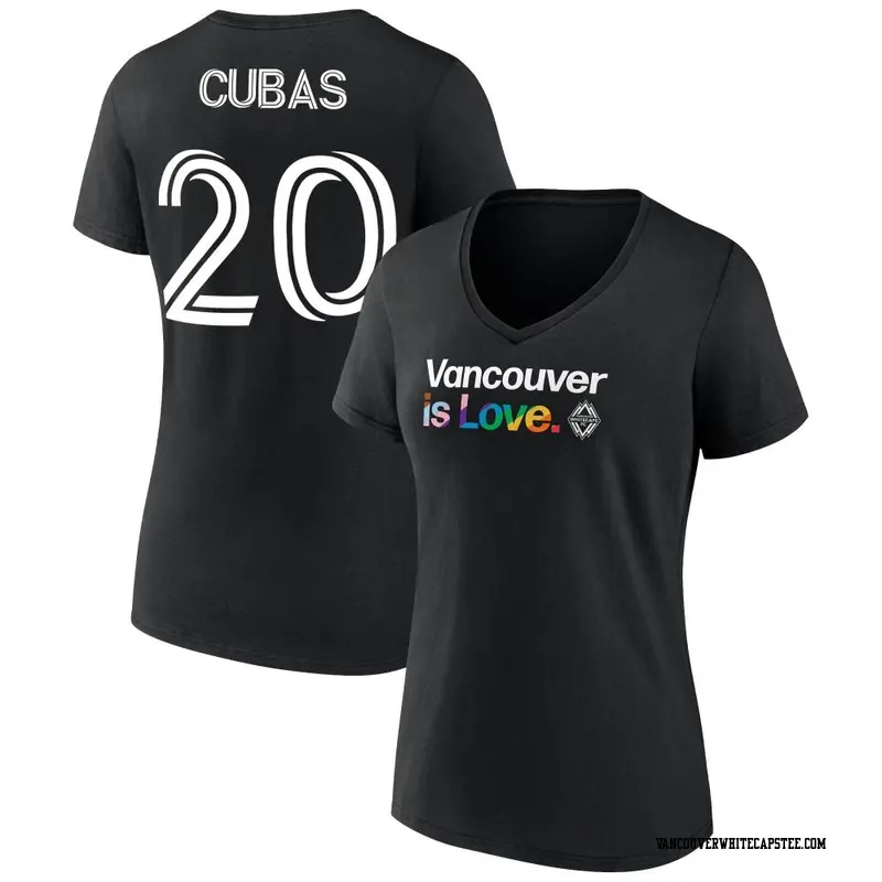 Women's Vancouver Whitecaps ＃20 Adrián Cubas White Black Name & Number City Pride V-Neck T-Shirt