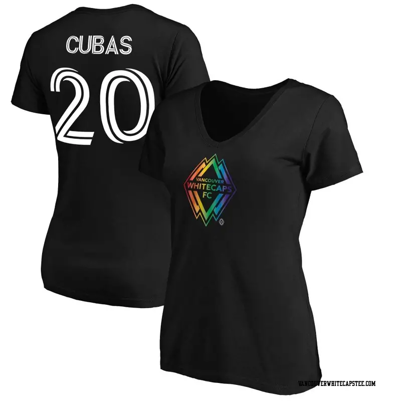 Women's Vancouver Whitecaps ＃20 Adrián Cubas White Black Name & Number Pride V-Neck T-Shirt