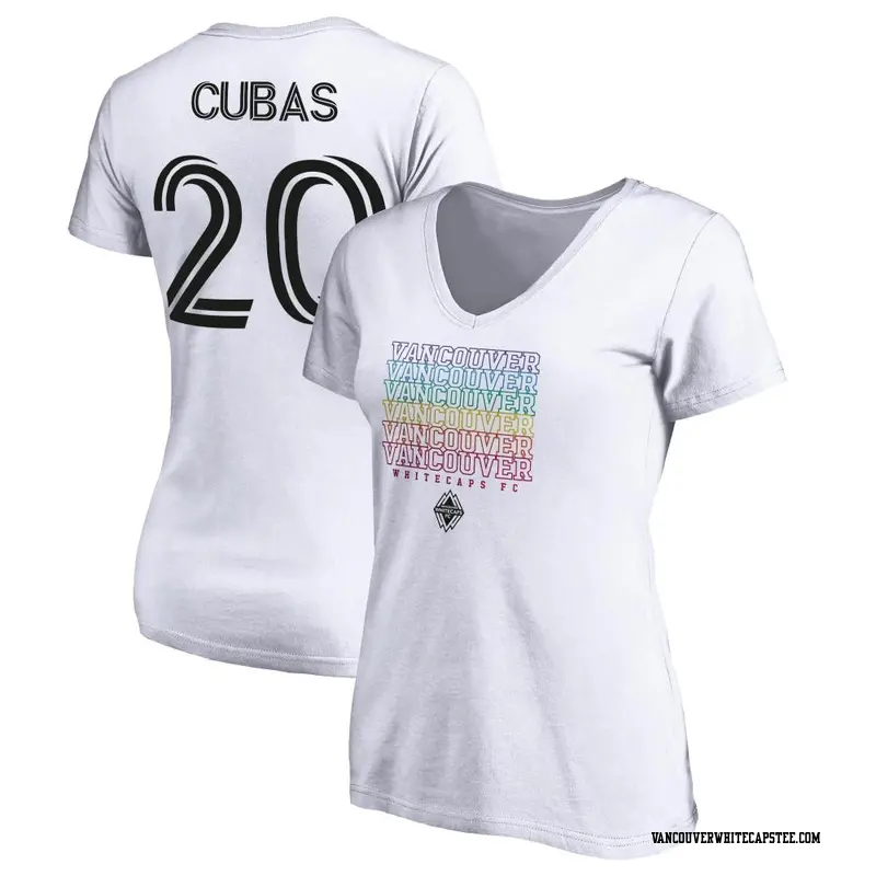 Women's Vancouver Whitecaps ＃20 Adrián Cubas White Name & Number City Pride V-neck T-Shirt