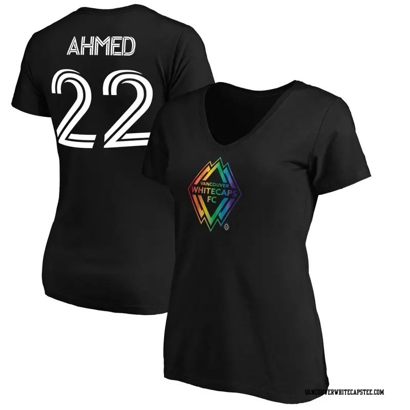 Women's Vancouver Whitecaps ＃22 Ali Ahmed White Black Name & Number Pride V-Neck T-Shirt