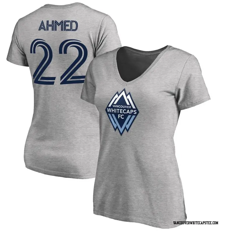 Women's Vancouver Whitecaps ＃22 Ali Ahmed White Gray Name & Number Primary V-Neck T-Shirt