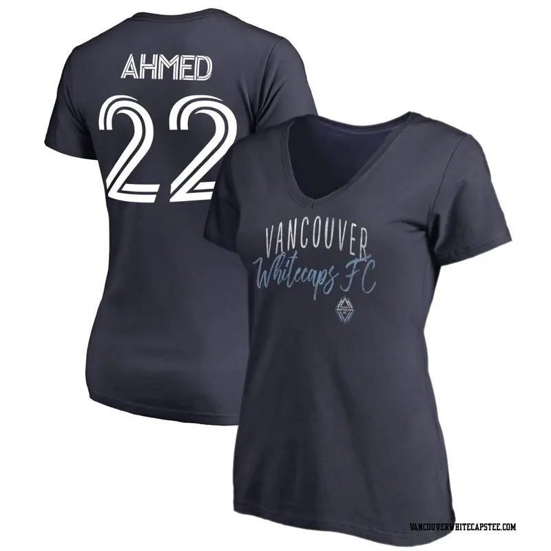 Women's Vancouver Whitecaps ＃22 Ali Ahmed White Navy Name & Number Graceful V-Neck T-Shirt