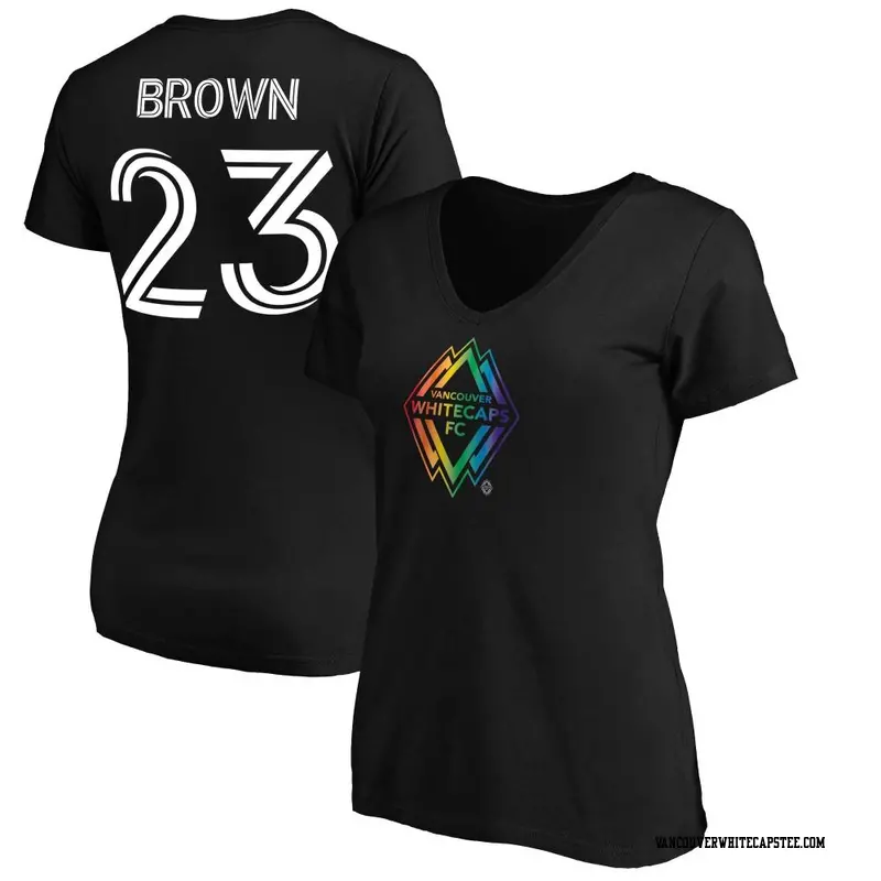 Women's Vancouver Whitecaps ＃23 Javain Brown White Black Name & Number Pride V-Neck T-Shirt