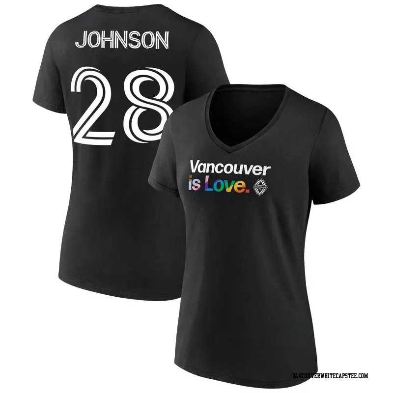 Women's Vancouver Whitecaps ＃28 Levonte Johnson White Black Name & Number City Pride V-Neck T-Shirt