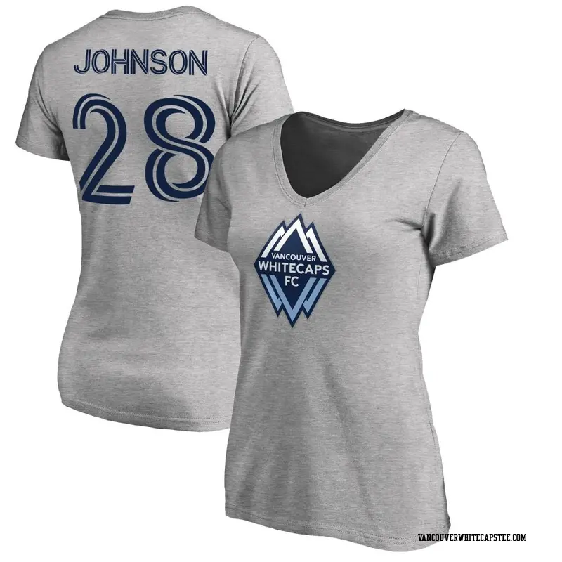 Women's Vancouver Whitecaps ＃28 Levonte Johnson White Gray Name & Number Primary V-Neck T-Shirt