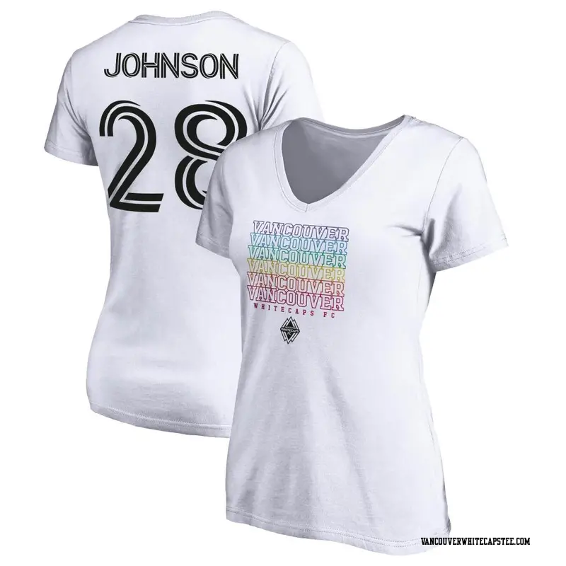 Women's Vancouver Whitecaps ＃28 Levonte Johnson White Name & Number City Pride V-neck T-Shirt