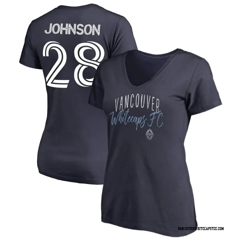 Women's Vancouver Whitecaps ＃28 Levonte Johnson White Navy Name & Number Graceful V-Neck T-Shirt