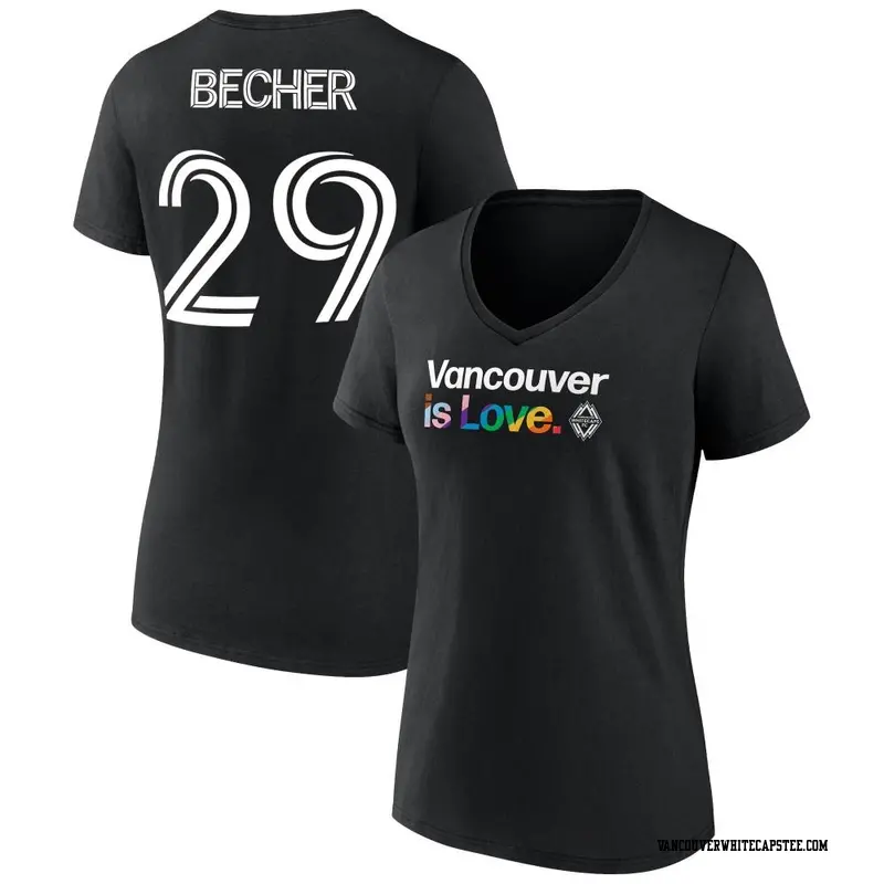 Women's Vancouver Whitecaps ＃29 Simon Becher White Black Name & Number City Pride V-Neck T-Shirt