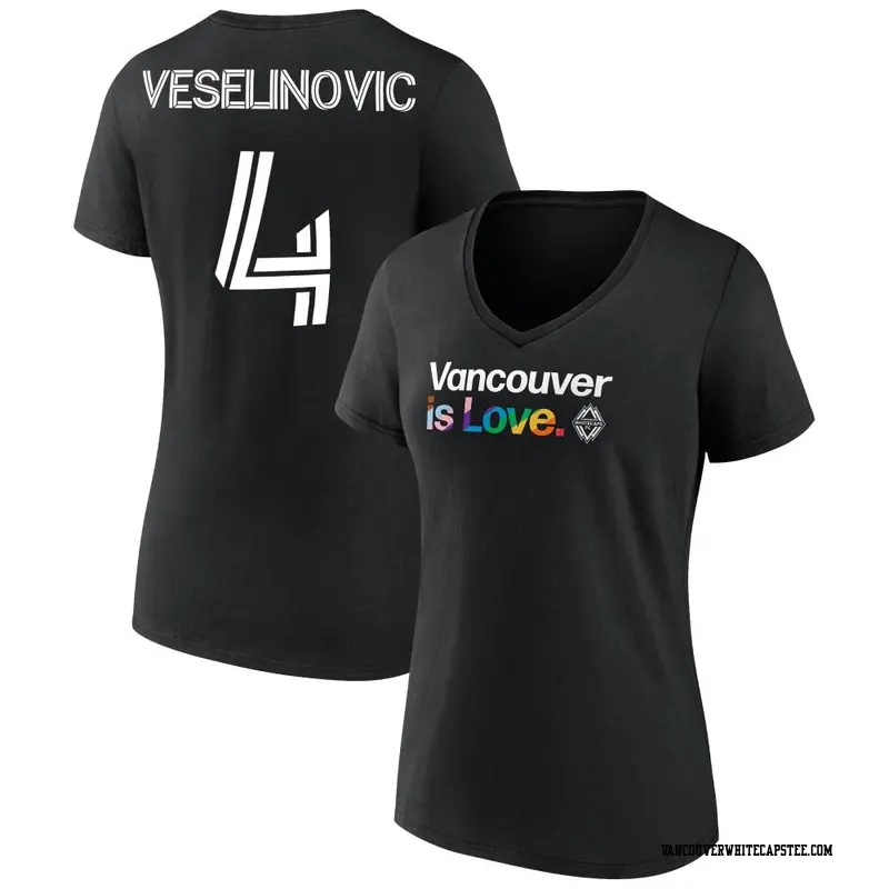 Women's Vancouver Whitecaps ＃4 Ranko Veselinovic White Black Name & Number City Pride V-Neck T-Shirt