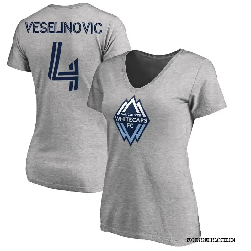 Women's Vancouver Whitecaps ＃4 Ranko Veselinovic White Gray Name & Number Primary V-Neck T-Shirt