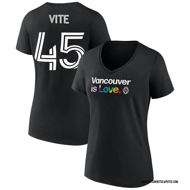 Women's Vancouver Whitecaps ＃45 Pedro Vite White Black Name & Number City Pride V-Neck T-Shirt