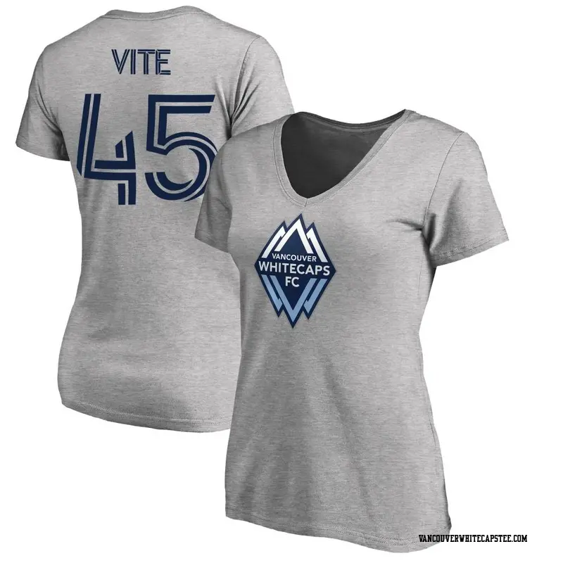 Women's Vancouver Whitecaps ＃45 Pedro Vite White Gray Name & Number Primary V-Neck T-Shirt