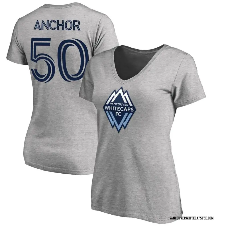 Women's Vancouver Whitecaps ＃50 Max Anchor White Gray Name & Number Primary V-Neck T-Shirt