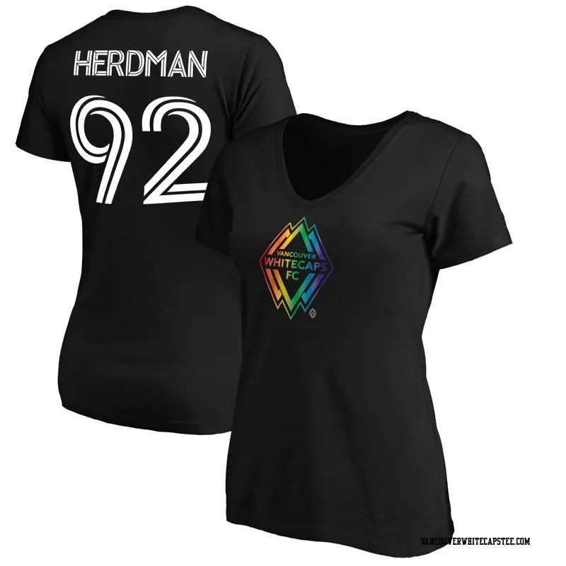 Women's Vancouver Whitecaps ＃92 Jay Herdman White Black Name & Number Pride V-Neck T-Shirt